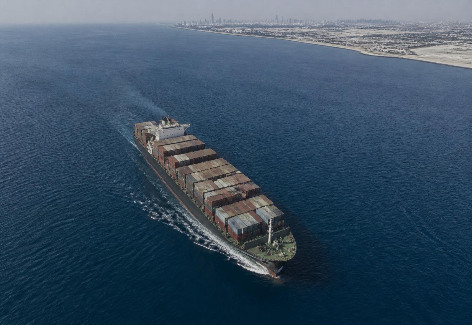 Aerial view of a container vessel approaching a Gulf coastline